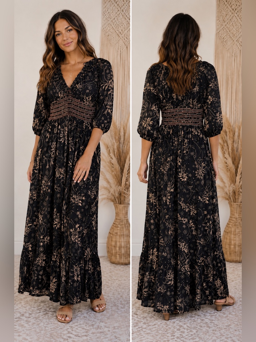 Arayna Black Boho Floral Smocked Waist Cotton Maxi Dress Size Small